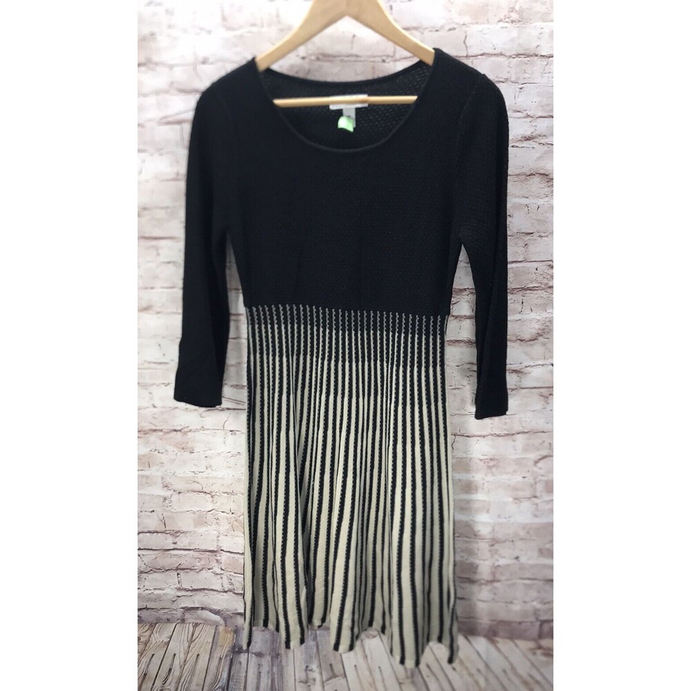Dana Buchman Womens Dress Size M Sweater Crew Neck Flare Black Tan Stripe